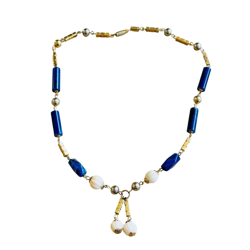 VTG Lapis Lazuli Beaded Necklace Stone Choker Gold Brass Tassel BOHO 17"